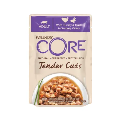 Wellness CORE Tender Cuts, natural grain free protein-rich food with turkey and duck in savoury gravy for adult cats. Complete and balanced with added vitamins and minerals. 85g pouch.