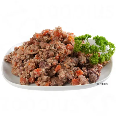 Porcja mokrej karmy dla zwierząt na białym talerzu, widoczne kawałki mięsa i warzyw, dekoracja z natką pietruszki.