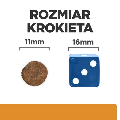 Rozmiar krokieta: średnica 11 mm, obok dla porównania kostka do gry o boku 16 mm. Widoczne napisy: 'ROZMIAR KROKIETA', '11mm', '16mm'.
