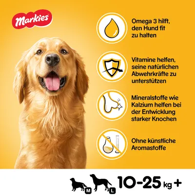Markies. Текст на немецком: Omega 3, витамины, кальций, без искусственных ароматизаторов. Для собак M и L, вес 10–25 кг+.