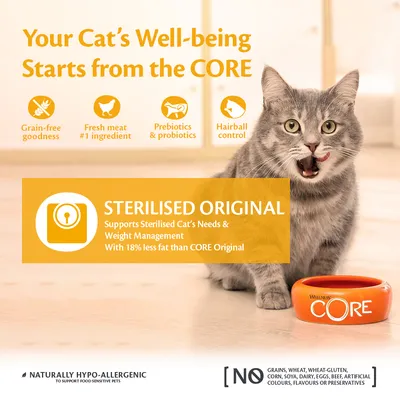 Sterilised Original cat food supports weight management with 18% less fat than CORE Original. Grain-free, fresh meat as main ingredient, prebiotics, probiotics, hairball control, hypo-allergenic.