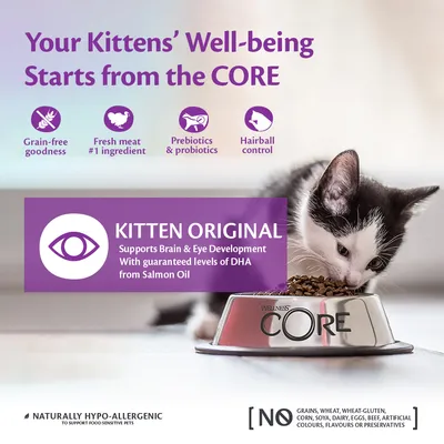 Kitten Original food with grain-free, fresh meat as main ingredient, prebiotics, probiotics, hairball control, DHA from salmon oil, hypo-allergenic, no grains, gluten, soya, dairy or artificial additives.