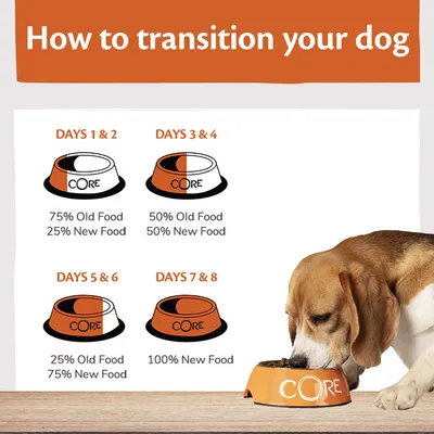 Transition guide showing days 1-2: 75% old food, 25% new; days 3-4: 50% old, 50% new; days 5-6: 25% old, 75% new; days 7-8: 100% new food. Dog eating from bowl.