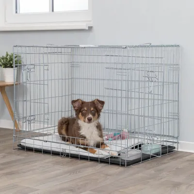 Metallkäfig mit Gitterwänden, ausgestattet mit einer weißen Matte und zwei Kunststoffbehältern. Geeignet für Innenräume.