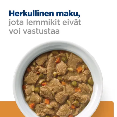 Teksti: Herkullinen maku, jota lemmikit eivät voi vastustaa. Kuvassa kulhollinen kastikkeessa olevaa liha- ja vihannespalasekoitusta.