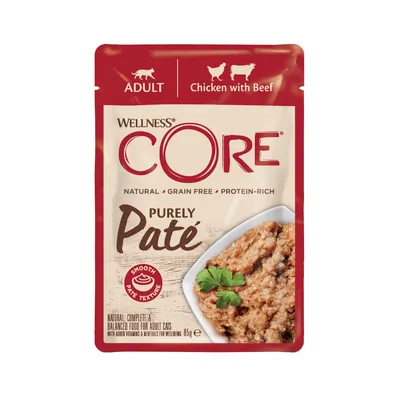 Wellness CORE Purely Paté, chicken with beef, natural, grain free, protein-rich, smooth paté texture, complete balanced food for adult cats, 85g pouch.