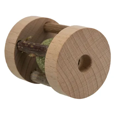 Wooden toy with rounded ends and rods holding a green ball in the centre.