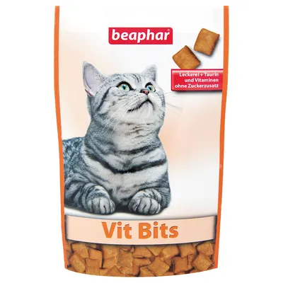 beaphar Vit Bits macska jutalomfalat csomagolás, német felirat: Leckerei + Taurin und Vitaminen ohne Zuckerzusatz, szürke cica képe, látható falatkák