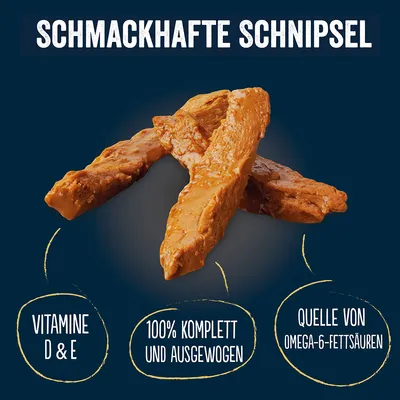 Bucăți gustoase cu vitaminele D și E, 100% complet și echilibrat, sursă de acizi grași Omega-6.