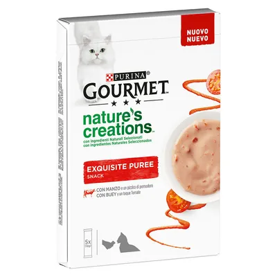 Purina Gourmet nature's creations Exquisite Puree snack voor katten, verpakking toont puree met tomaat en rund, 5 stuks. Tekst deels in het Italiaans en Spaans.