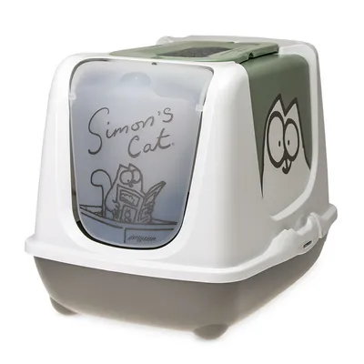 Toaletă pentru pisici cu design Simon's Cat, alb și verde, cu capac rabatabil și desen cu pisică pe partea frontală.