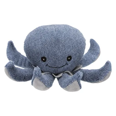 Peluche en forme de pieuvre bleue avec huit tentacules, yeux et bouche brodés, matière textile douce visible.