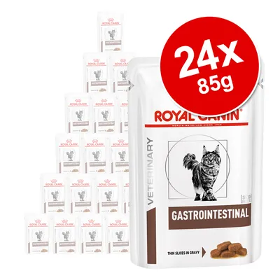 Royal Canin Veterinary Gastrointestinal kissan märkäruoka, 24 x 85 g annospussia. Pakkauksessa harmaa kissa ja teksti 'Thin slices in gravy'.