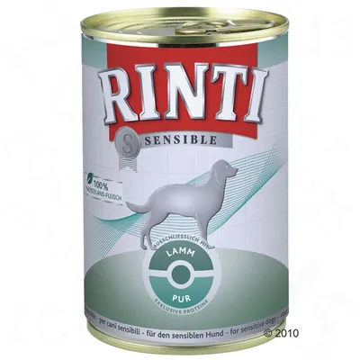 Conservă Rinti Sensible, text vizibil: 100% Neuseeland-Fleisch, Ausschließlich mit Lamm Pur, pentru câini sensibili. Imagine cu silueta unui câine pe ambalaj.