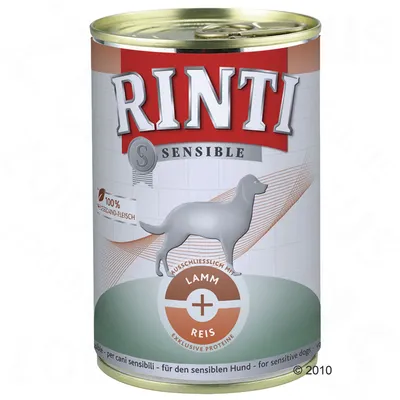 Conservă Rinti Sensible pentru câini, text vizibil: 100% AUSGEWÄHLTES FLEISCH, LAMM + REIS, exclusiv proteine. Imagine cu silueta unui câine pe ambalaj.