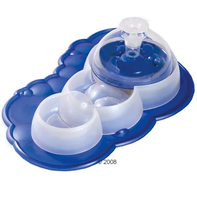 Plastic feeding station with two open bowls and one covered dome bowl on a blue tray, designed for serving food and water.