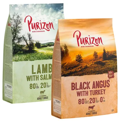 Purizon Trockenfutter für erwachsene Hunde: Lamb with Salmon (80% Fleisch, 20% Gemüse) und Black Angus with Turkey (39% Protein, 80% Fleisch, 20% Gemüse).