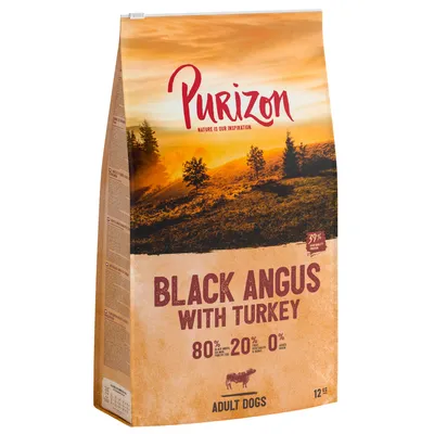 Bag labelled Black Angus with Turkey, 80% meat, 20% fruit and vegetables, 0% grain, for adult dogs, 12kg. Includes 39% fresh quality protein.