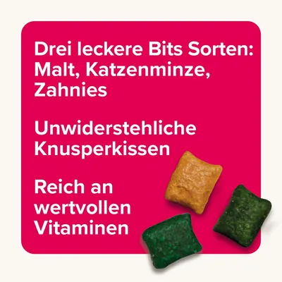 Testo in tedesco: Drei leckere Bits Sorten: Malt, Katzenminze, Zahnnies. Unwiderstehliche Knusperkissen. Reich an wertvollen Vitaminen. Tre crocchette colorate visibili.
