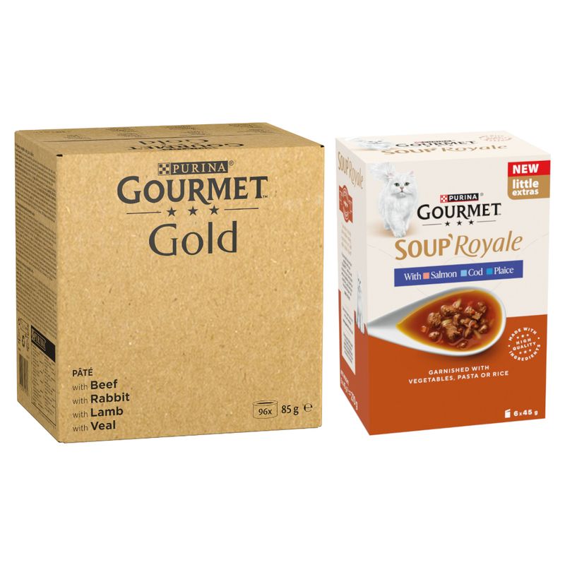 96 x 85 g Gourmet Gold + 48 x 45 g Gourmet Soup Royale på köpet!
