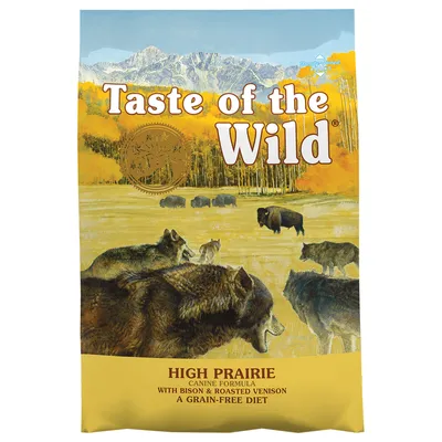 Taste of the Wild High Prairie Canine Formula with Bison & Roasted Venison, A Grain-Free Diet. Yellow bag with wolves and bison illustration, visible brand and product names.