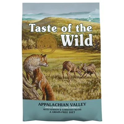 Taste of the Wild Appalachian Valley Small Breed Canine Formula with Venison & Garbanzo Beans, a grain-free diet. Family Owned Brand visible on packaging.