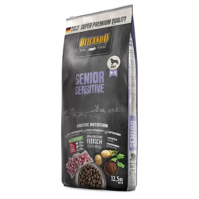 Sac de croquettes Belcando Dog Food Senior Sensitive, Adult M–XL, 12,5 kg, 30 % viande fraîche, pommes de terre, superfoods, mention Made in Germany, visible sur l’emballage.