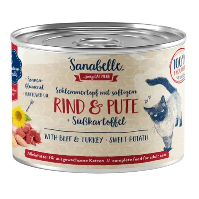 Sanabelle Schlemmertopf mehukas naudanliha ja kalkkuna, bataatti ja auringonkukkaöljy. Täysravinto aikuisille kissoille. 100% eksklusiivinen.