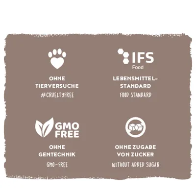 Ohne Tierversuche #crueltyfree, IFS Food Lebensmittelstandard, GMO free ohne Gentechnik, ohne Zugabe von Zucker without added sugar. Ohne Tierversuche #crueltyfree, IFS Food Lebensmittelstandard, GMO free ohne Gentechnik, ohne Zugabe von Zucker without added sugar.