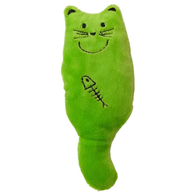 Green plush toy in the shape of a cat with embroidered fishbone design, suitable for pets.