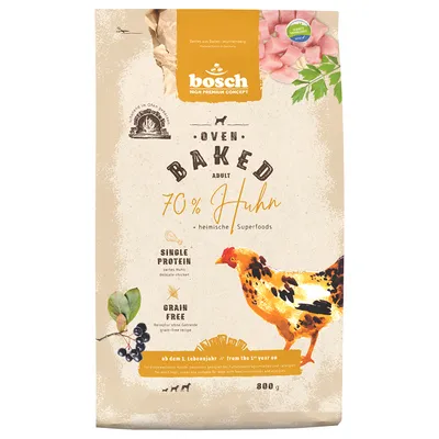 bosch HIGH PREMIUM CONCEPT Oven Baked Adult 70 % Huhn, Single Protein, Grain Free, ab dem 1. Lebensjahr, 800 g. Billede af kylling og bær på emballagen.