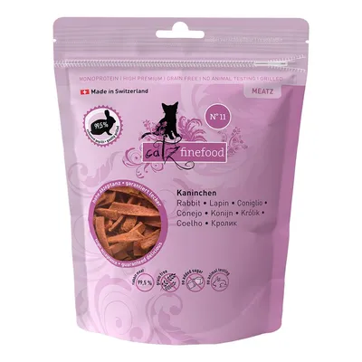 Confezione Catz Finefood Meatz N°11 Kaninchen, con finestra che mostra snack, testo: 99,5 %, senza cereali, senza zuccheri aggiunti, no animal testing, Made in Switzerland, Coniglio.