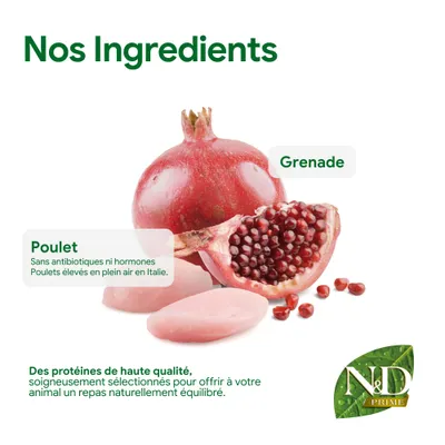 Ingrédients : grenade et poulet sans antibiotiques ni hormones, élevage en plein air en Italie. Protéines de haute qualité pour un repas équilibré. Logo N&D Prime visible. Ingrédients : grenade et poulet sans antibiotiques ni hormones, élevage en plein air en Italie. Protéines de haute qualité pour un repas équilibré. Logo N&D Prime visible.