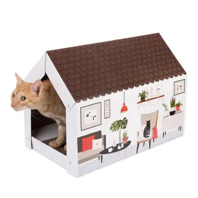 Cardboard cat house with brown roof and living room design, cat looking out from the entrance.