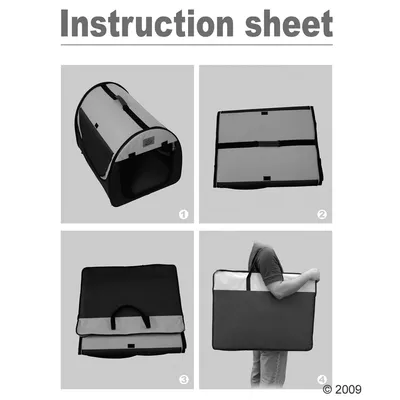 Feuille d’instructions montrant 4 étapes : niche en tissu montée, pliée à plat, rangée dans une housse, puis transportée par une personne tenant la housse à la main.