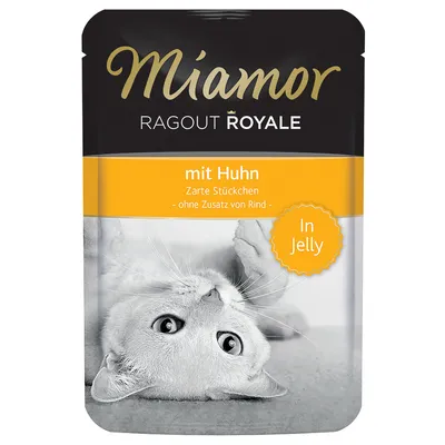 Miamor Ragout Royale mit Huhn, Zarte Stückchen, ohne Zusatz von Rind, In Jelly. Förpackning med bild på en katt.