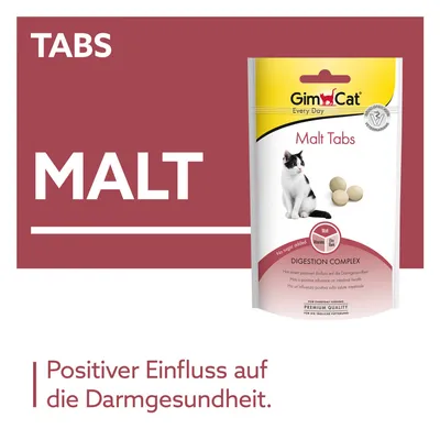 GimCat Malt Tabs mit Verdauungskomplex. Positiver Einfluss auf die Darmgesundheit. Ohne Zuckerzusatz, enthält Malz und Vitamine.