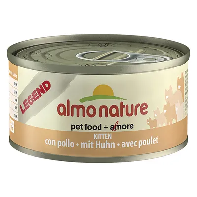 Lata de comida para gatos Almo Nature Legend Kitten, pet food + amore, con pollo, mit Huhn, avec poulet. Rótulo com ilustração de gatos e texto nutricional visível na lateral.