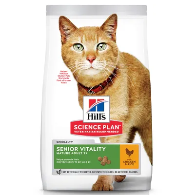 Hill's Science Plan Senior Vitality Mature Adult 7+ con pollo y arroz. Pienso para gatos mayores. Sin conservantes, colorantes ni sabores artificiales.