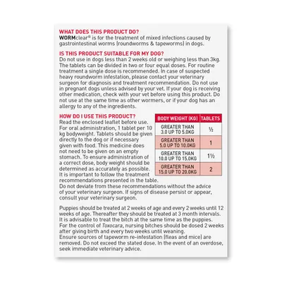 Instructions for WORMclear: treats mixed gastrointestinal worm infections in dogs. Dosage by body weight: 0.5 to 2 tablets. Not for dogs under 3kg or 2 weeks old. Consult vet if unsure.