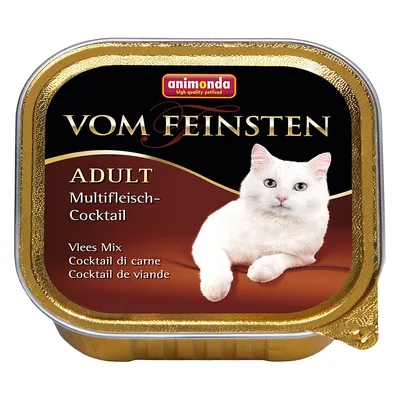 Embalagem de comida húmida Animonda Vom Feinsten Adult Multifleich-Cocktail, texto visível: Vlees Mix, Cocktail di carne, Cocktail de viande. Imagem de um gato branco.