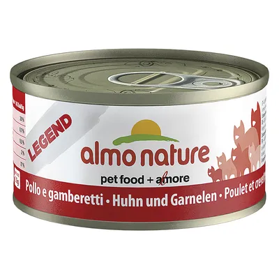 Lata de comida para animais Almo Nature Legend, texto visível: pet food + amore, Pollo e gamberetti, Huhn und Garnelen, Poulet et crevettes. Peso líquido 70 g.