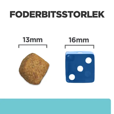 Foderbitsstorlek: foderbit 13 mm bred jämförs med blå tärning 16 mm bred. Tydlig storleksjämförelse för att visa foderbitens dimension.