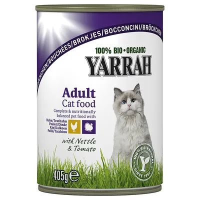 Yarrah 100% Bio Organic Adult Cat food med kylling, kalkun, brændenælde og tomat, 405 g. Tekst: Complete & nutritionally balanced pet food with Huhn/Truthahn. 100% BIO/NATURAL.