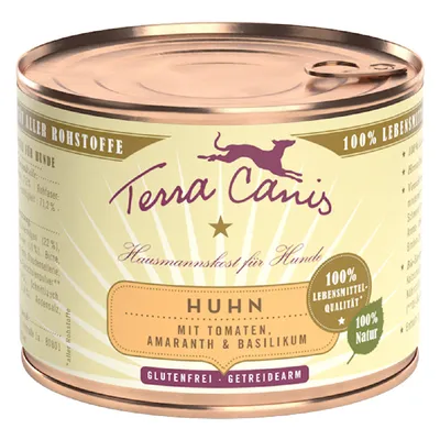 Boîte Terra Canis Huhn, mit Tomaten, Amaranth & Basilikum, 100 % Lebensmittel-Qualität, 100 % Natur, glutenfrei, getreidearm. Texte en allemand.