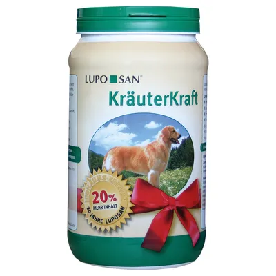 Кутия Lupo San KräuterKraft с изображение на куче, надпис '20% mehr Inhalt', червена панделка и зелена капачка. Видим е текст на немски език.