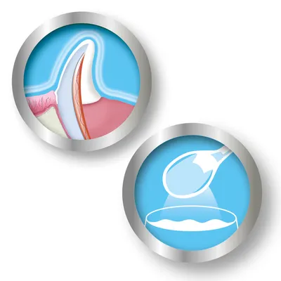 Diagram showing a cross-section of a tooth and gum, alongside an icon of powder being poured from a spoon into a bowl, illustrating product use or benefits for dental care.