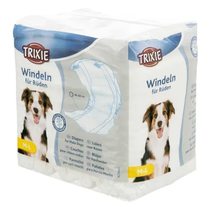 Confezione Trixie pannolini per cani maschi, taglia M-L, circonferenza 46–60 cm. Testo visibile in più lingue: Windeln für Rüden, Diapers for Male Dogs, Pannolini per cani maschi.
