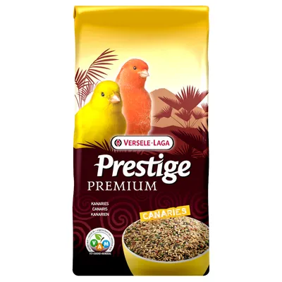 Versele-Laga Prestige Premium mangime per canarini. Certificato VAM per vitamine, amminoacidi e minerali. Immagine di un canarino giallo, uno rosso e una ciotola di semi.
