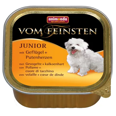 animonda Vom Feinsten JUNIOR mit Geflügel + Putenherzen, embalagem de comida húmida para cão jovem com texto em várias línguas e imagem de um cão pequeno branco na frente.